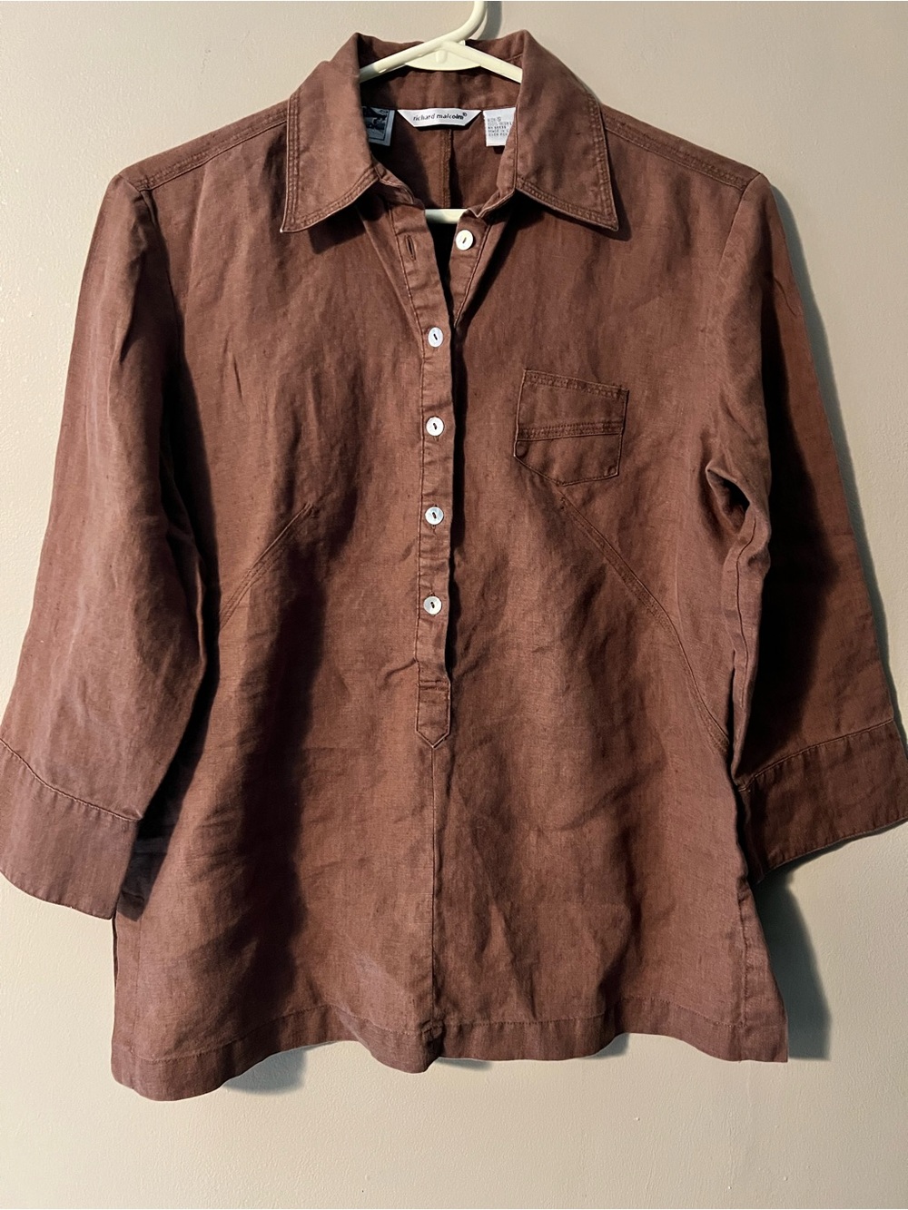 Richard Malcolm size S 💯 Irish Linen chocolate brown 3/4 sleeve tunic.